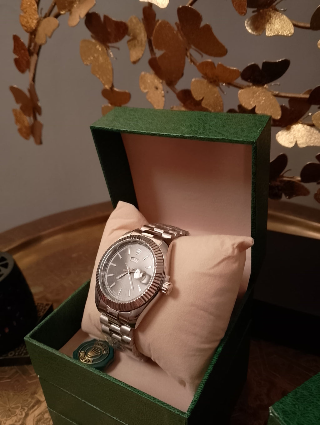 Rolex Day-Date Style – Silver Dial / Fluted Bezel